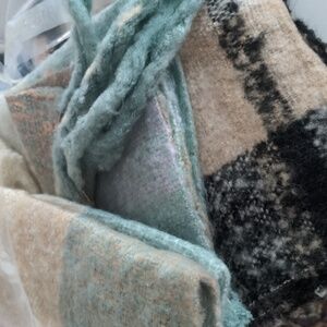 Two drapey soft blanket scarves plaid neutral pastel